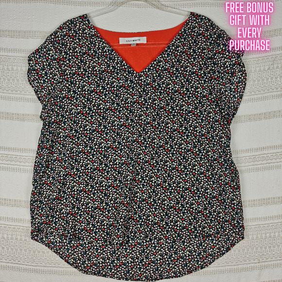 Lily White Black Mini Floral Print Top XL New Short Sleeve Blouse - Picture 1 of 8